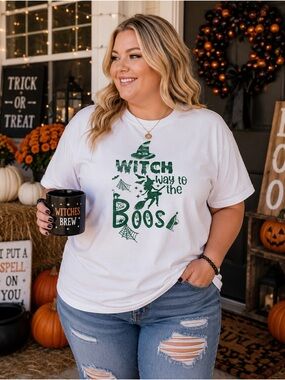 Handmade Witch Way to the Booze Graphic T-Shirt 2XL White Funny Spooky Tee